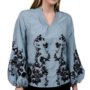 Ivy Jane Blue Embroidered Floral Pleated V-Neck Blouse S Spring Boho Summer